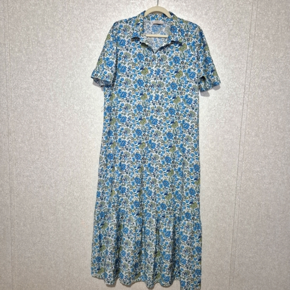 LOFT Blue Puff Sleeve Polo Collar Maxi Dress..SIZE:L